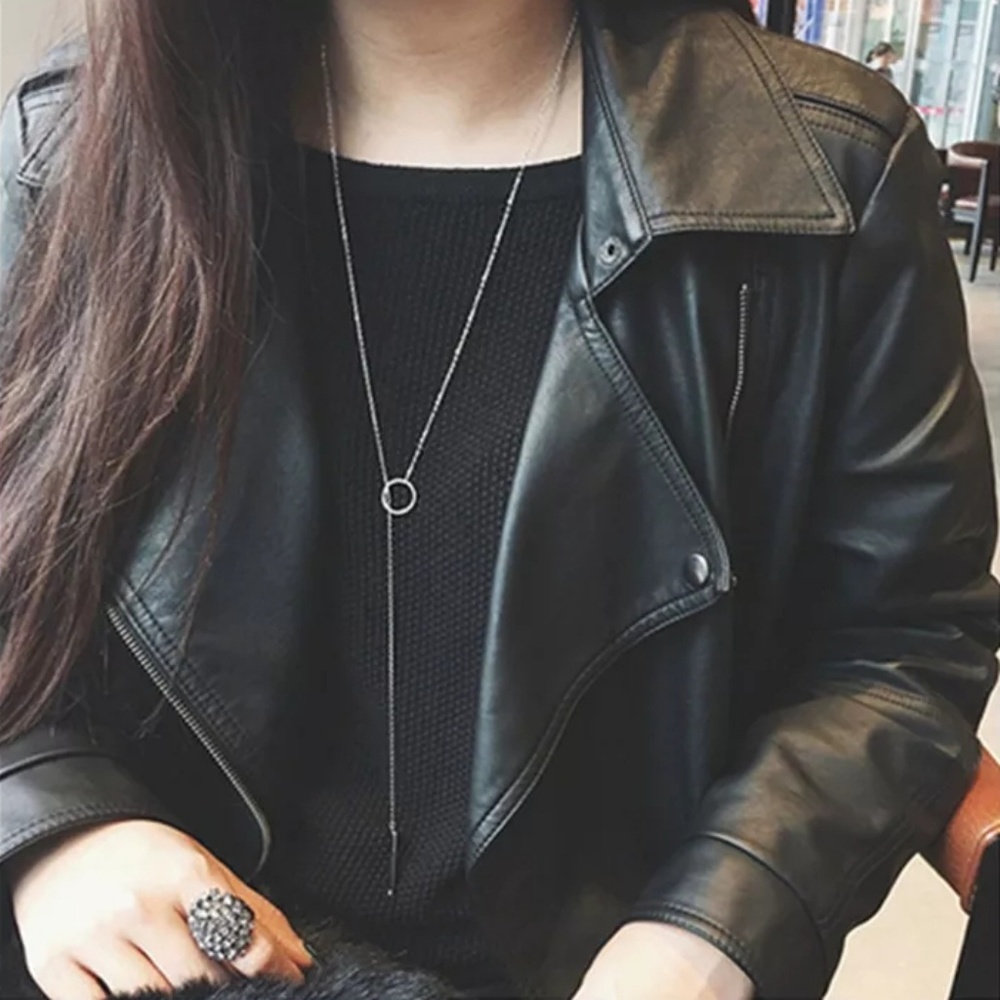 Long Adjustable Silver Circle Bar Chain Necklace